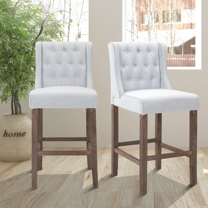 HOMCOM 26.25" Counter Height Bar Stools Set of 2, Tufted Wingback Armless Upholstered Dining Chair with Rubber Wood Legs, White