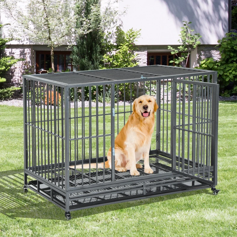 PawHut 48" Heavy Duty Steel Dog Crate Kennel Pet Cage w/ Wheels - Grey Vein