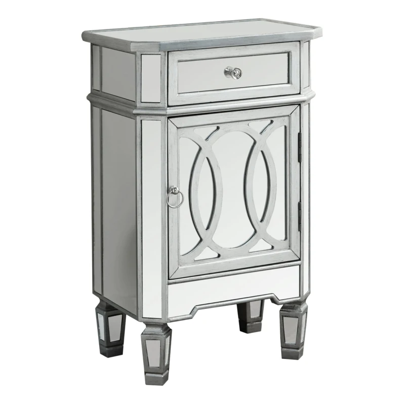 Monarch 29" Contemporary Mirrored Accent Side End Table with Storage Drawer - Brushed Silver Trim Detail