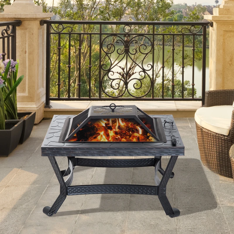 Outsunny 26" Square Steel Backyard Fire Pit With Cover And Accessories