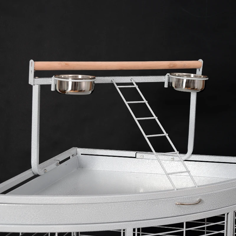 Pawhut Large Corner Playtop Bird Cage w/ Stand and Wheels - 38" x 27" x 59" - White Vein