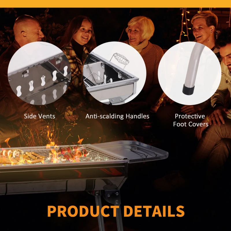 Outsunny Portable Folding Charcoal BBQ Grill Stainless Steel Camp Picnic Cooker - Silver