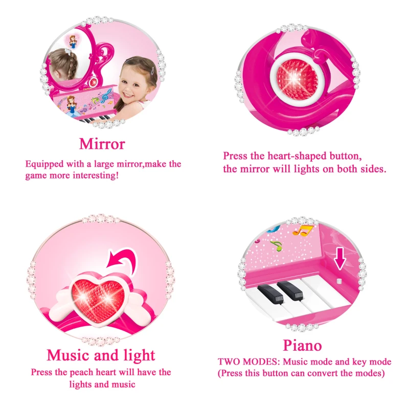 Qaba 2-in-1 Kids Piano Vanity Table Stool Princess Pretend Play Set with Lights