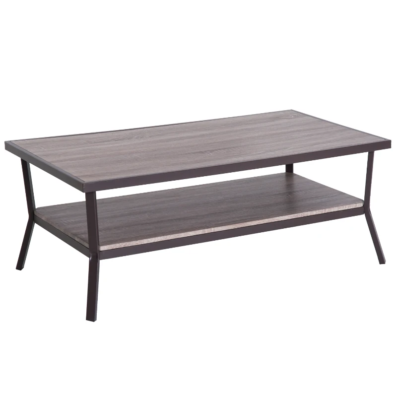 HomCom Rustic Industrial Minimal Two Tier Wooden Coffee Table - Light Brown Woodgrain