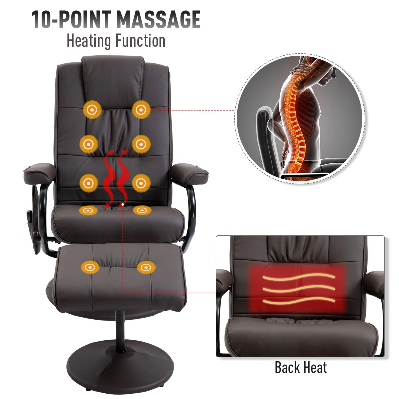 HOMCOM Electric Heated Massaging Sofa Upholstered PU Leather Recliner with Footrest - Brown