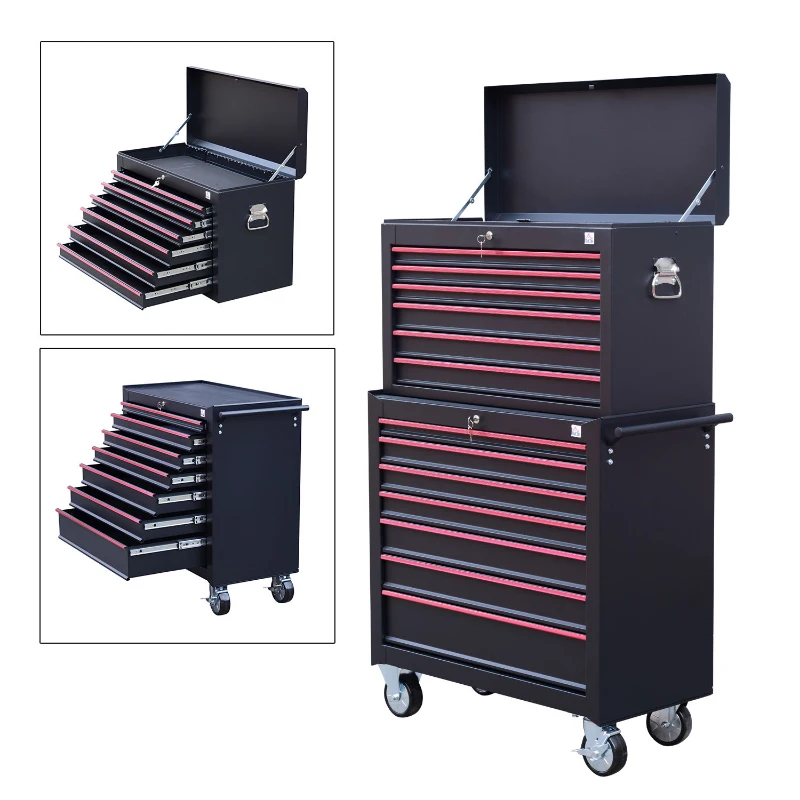 HomCom 36" 2 Piece Rolling Tool Chest Storage Cabinet Combo Set w/ 13 Drawers