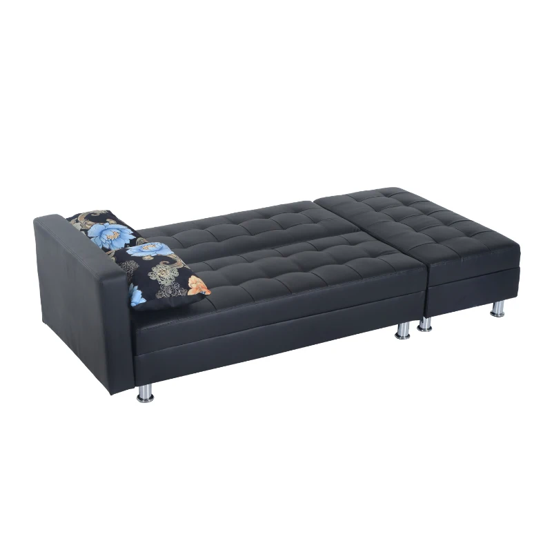 HomCom Faux Leather Convertible Sofa Sleeper Bed with Storage Ottoman - Black