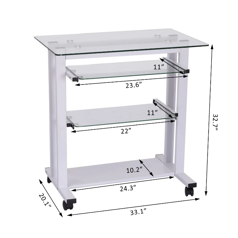 HomCom 33" Contemporary Glass Top Portable Workstation Desk Cart With Shelves - White
