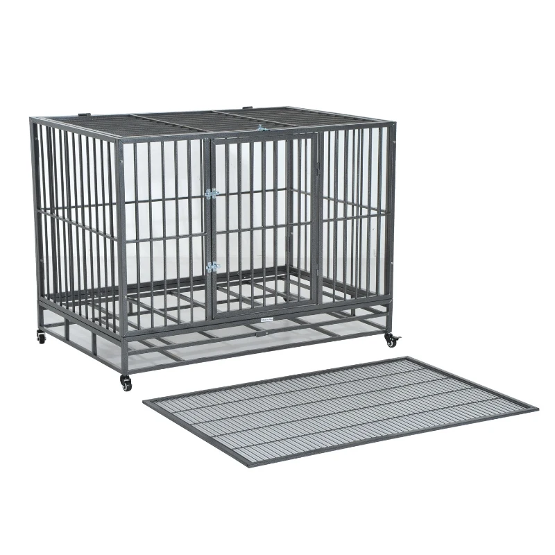 PawHut 48" Heavy Duty Steel Dog Crate Kennel Pet Cage w/ Wheels - Grey Vein