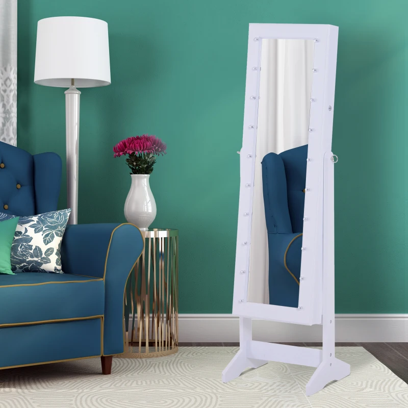 HomCom 58" Lockable LED Lighted Jewelry Storage Cabinet Armoire with Full-Length Mirror - White