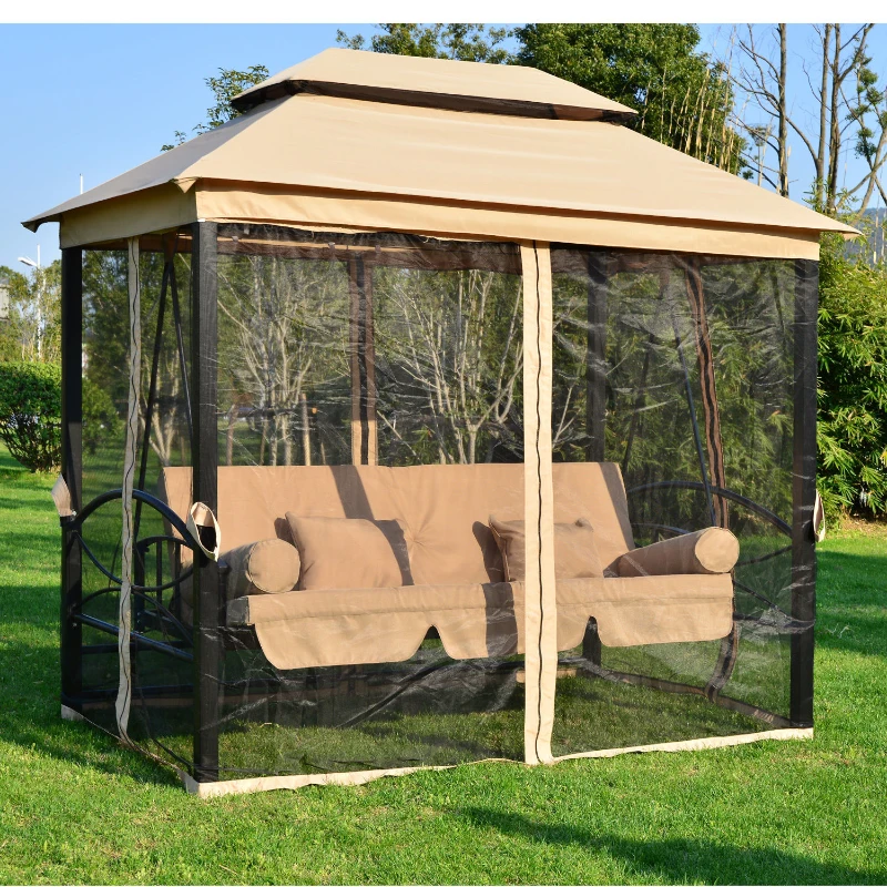 Outsunny Outdoor 3 Person Patio Daybed Canopy Gazebo Swing, Tan with Mesh Walls