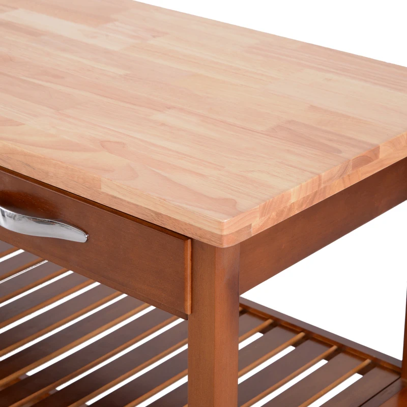 HomCom 44" 3-Tier Rubberwood Kitchen Island Cart on Wheels - Brown