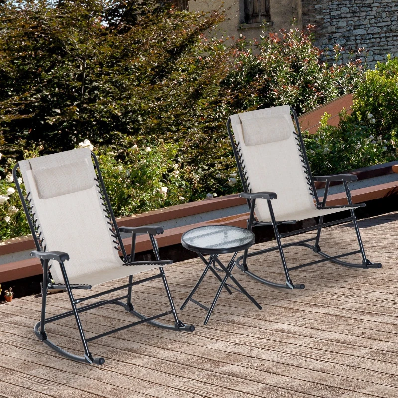 Outsunny Outdoor Sling Mesh Lounger Folding Rocking Chair Patio Table Seating Set - Cream White