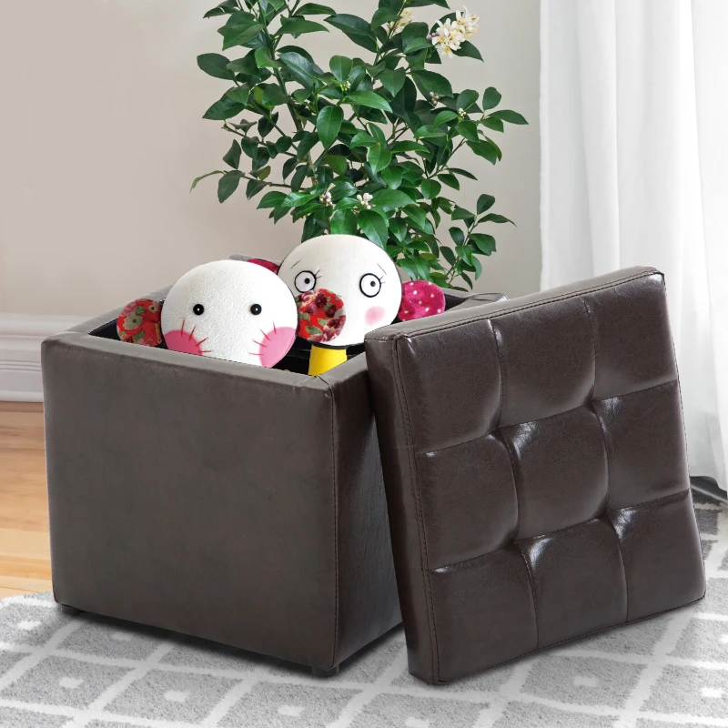 HomCom 16” Cube Faux Leather Tufted Storage Ottoman Footrest Seat - Dark Brown