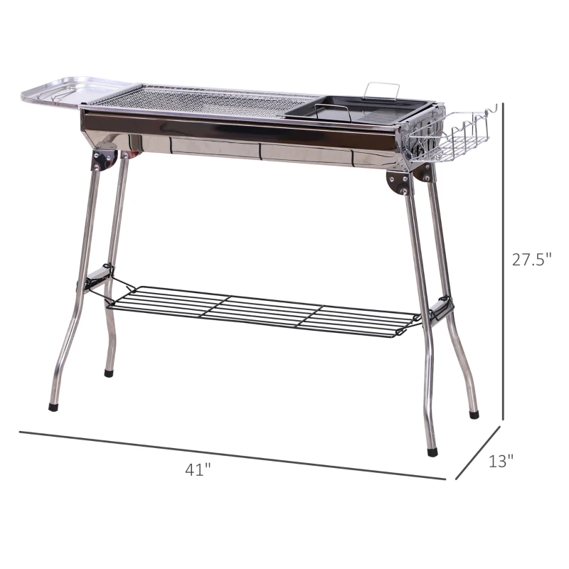 Outsunny Portable Folding Charcoal BBQ Grill Stainless Steel Camp Picnic Cooker - Silver