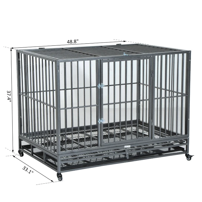 PawHut 48" Heavy Duty Steel Dog Crate Kennel Pet Cage w/ Wheels - Grey Vein