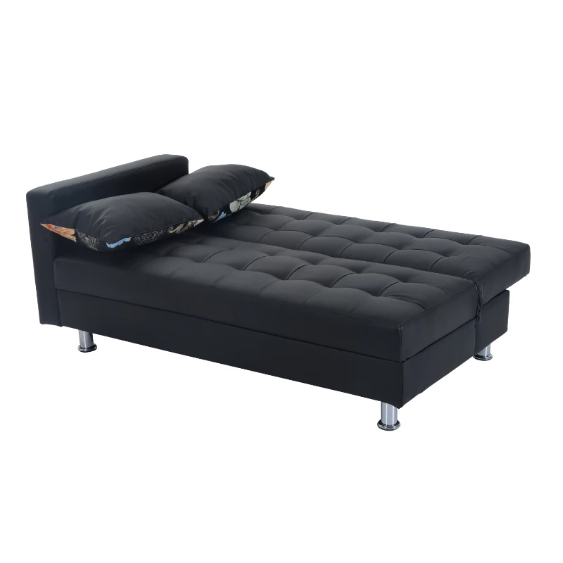 HomCom Faux Leather Convertible Sofa Sleeper Bed with Storage Ottoman - Black