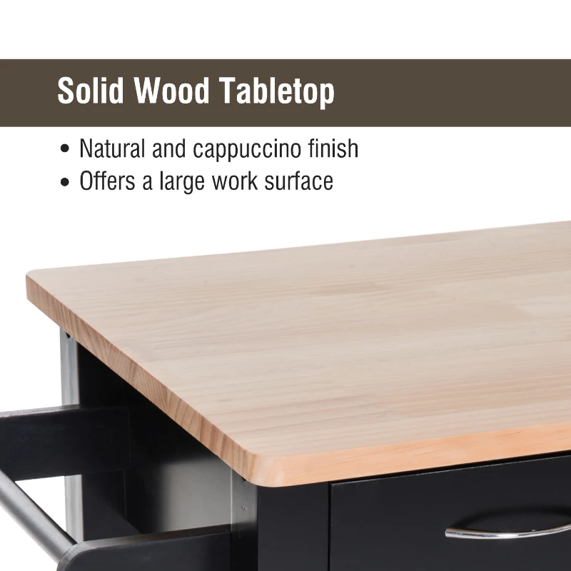 HomCom 44" Wooden Butcher Block Kitchen Island with Wine Rack - Black