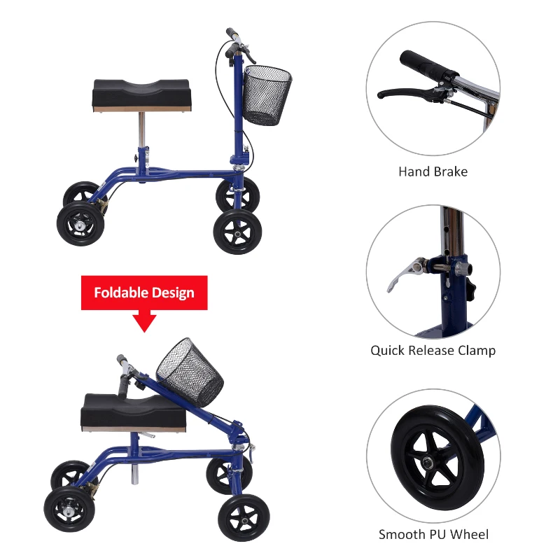 HomCom Steerable Knee Walker Scooter with Basket - Blue