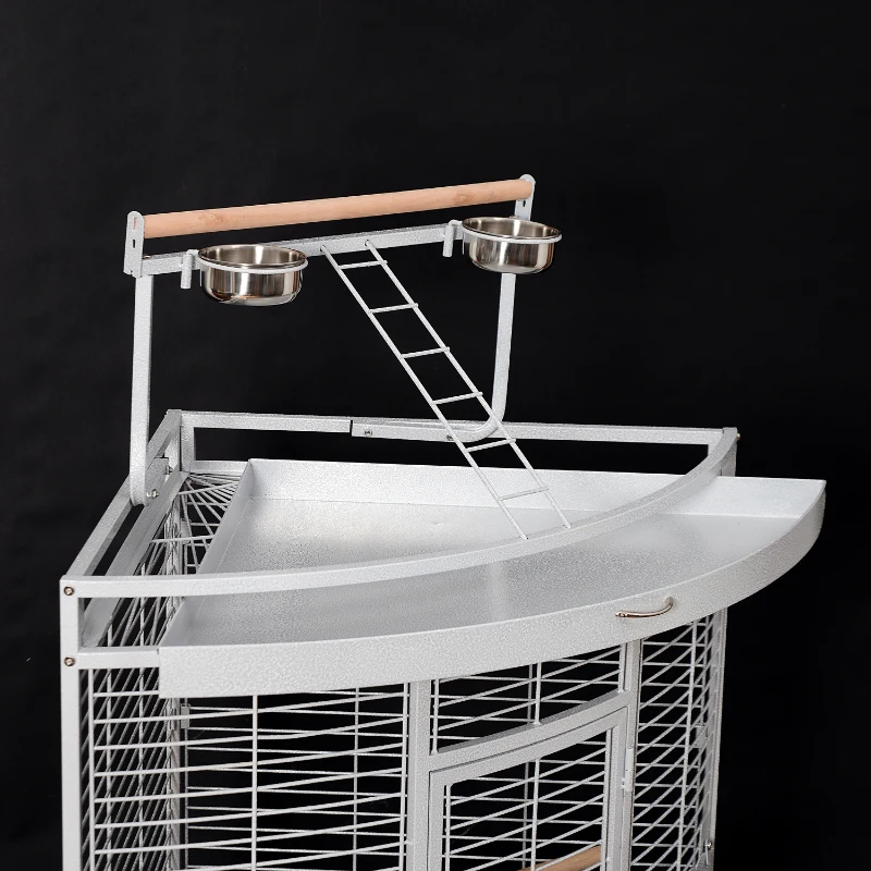 Pawhut Large Corner Playtop Bird Cage w/ Stand and Wheels - 38" x 27" x 59" - White Vein