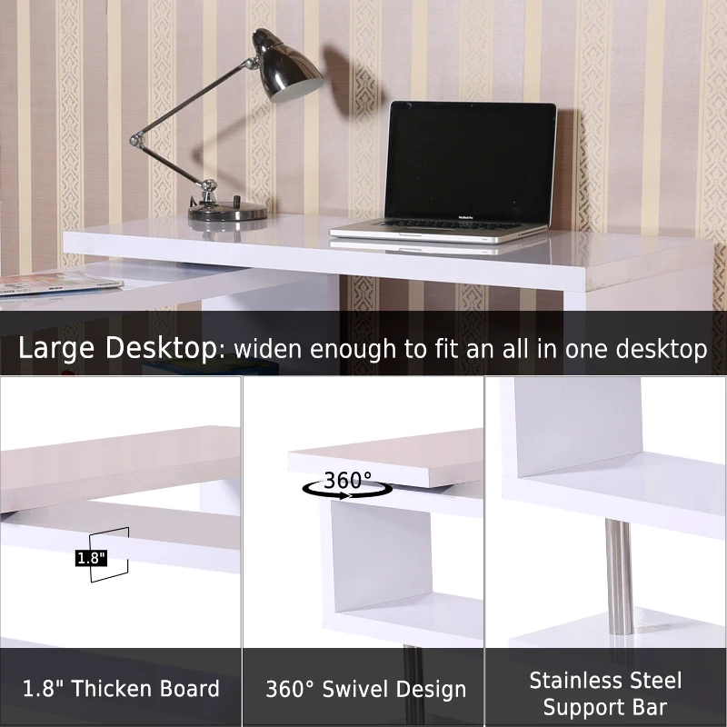 HomCom 75” L Shaped Writing Desk Rotating Desk Swivel Corner Home Office Study Desk - White