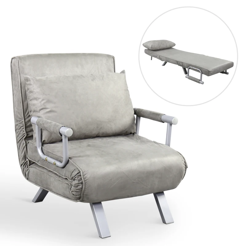 HomCom Single Person Folding 5 Position Steel Convertible Sleeper Bed Sofa Chair - Grey