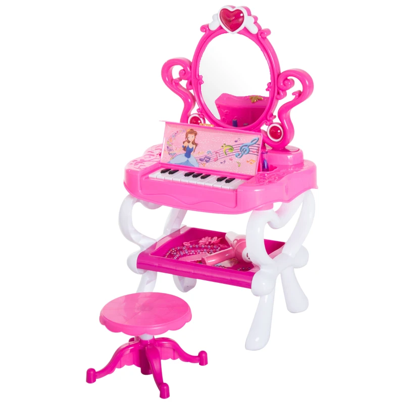 Qaba 2-in-1 Kids Piano Vanity Table Stool Princess Pretend Play Set with Lights
