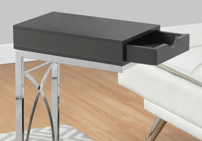 Monarch 25" Contemporary Chrome Metal Base C-Shaped Side Accent Table with Storage Drawer - Glossy Grey Finish