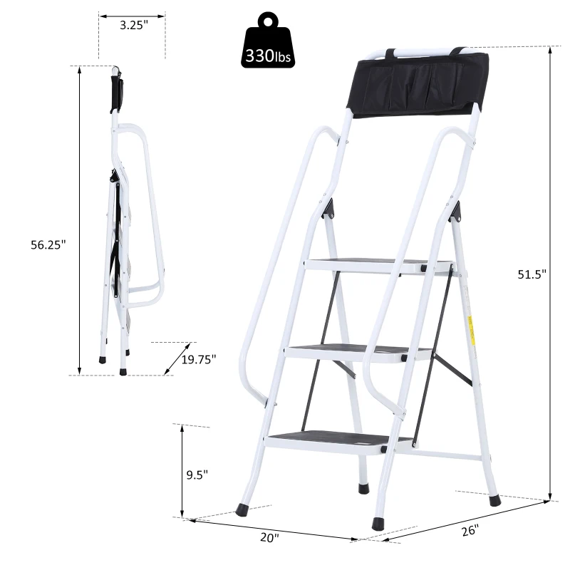 HOMCOM Folding 3 Step Stool Ladder with Safety Rails and Tool Bag Holder