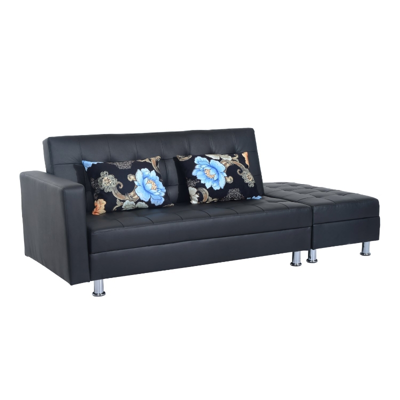 HomCom Faux Leather Convertible Sofa Sleeper Bed with Storage Ottoman - Black