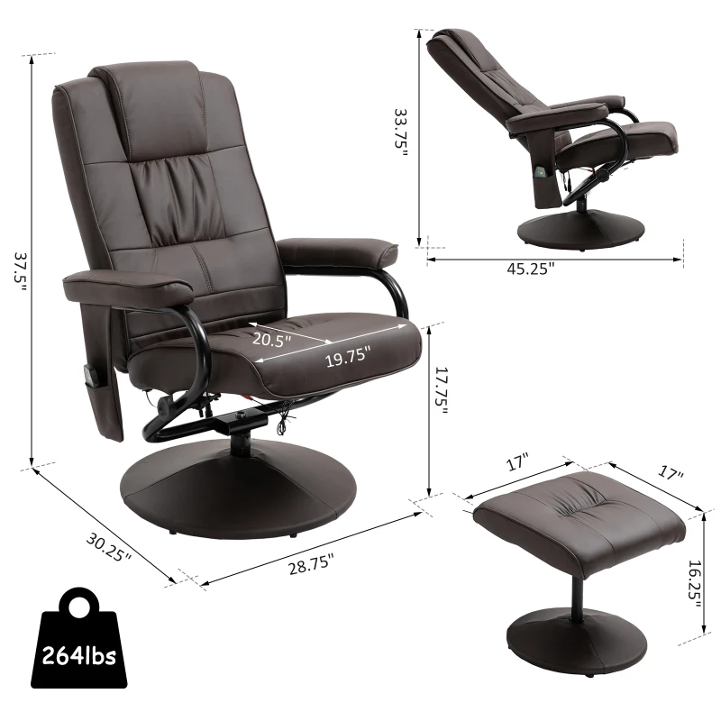 HOMCOM Electric Heated Massaging Sofa Upholstered PU Leather Recliner with Footrest - Brown