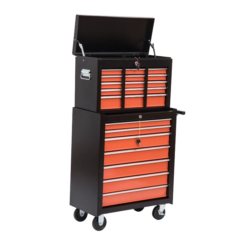HomCom Rolling Garage Tool Chest Cabinet with 16 Drawers - Black and Orange