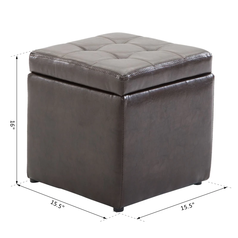 HomCom 16” Cube Faux Leather Tufted Storage Ottoman Footrest Seat - Dark Brown