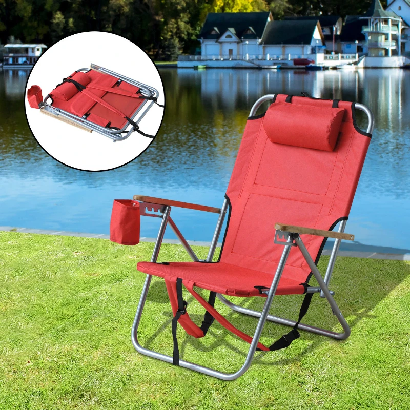 Outsunny Adjustable Backpack Beach / Camp Chair w/ Drink Holder & Storage Pockets - Red