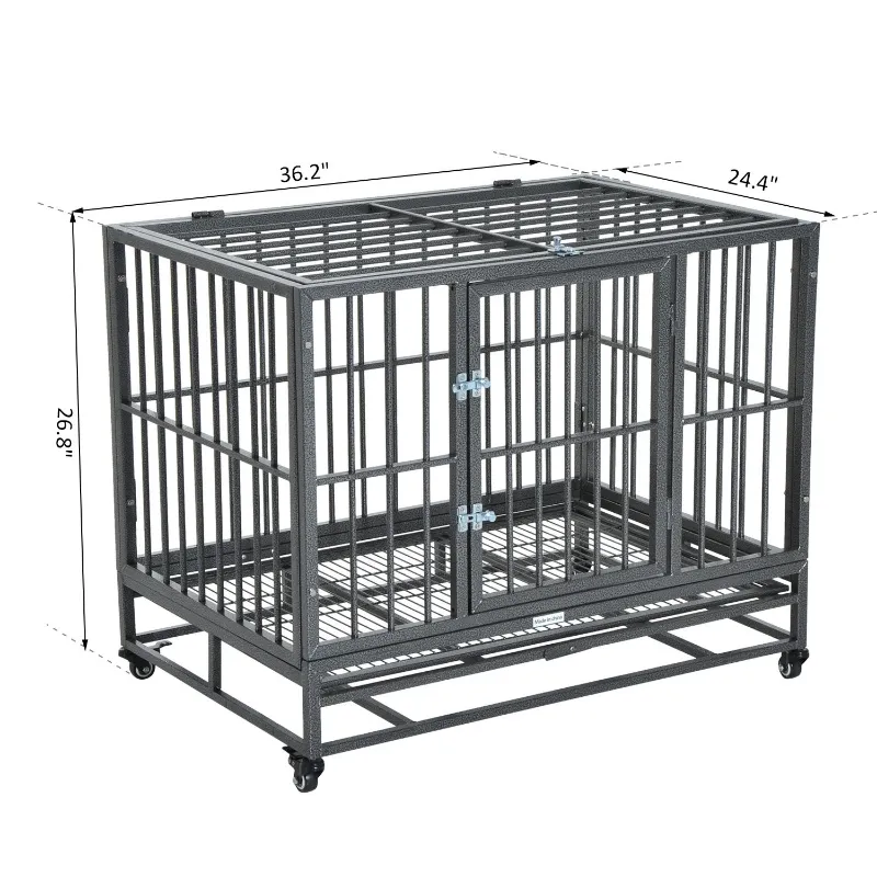 PawHut 36" Heavy Duty Chew Resistant Steel Pet Dog Crate Kennel Cage with Wheels - Grey Vein