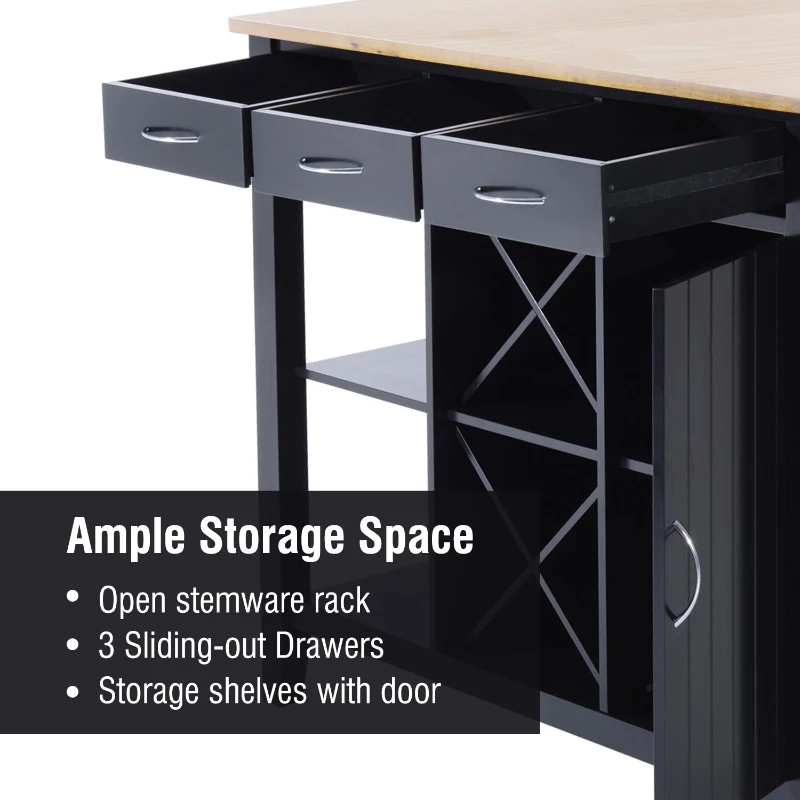 HomCom 44" Wooden Butcher Block Kitchen Island with Wine Rack - Black