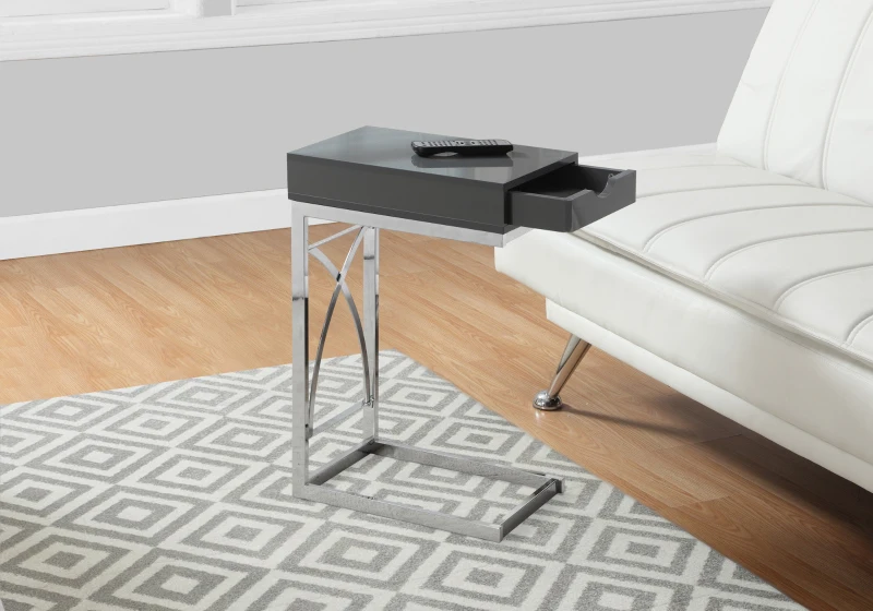 Monarch 25" Contemporary Chrome Metal Base C-Shaped Side Accent Table with Storage Drawer - Glossy Grey Finish
