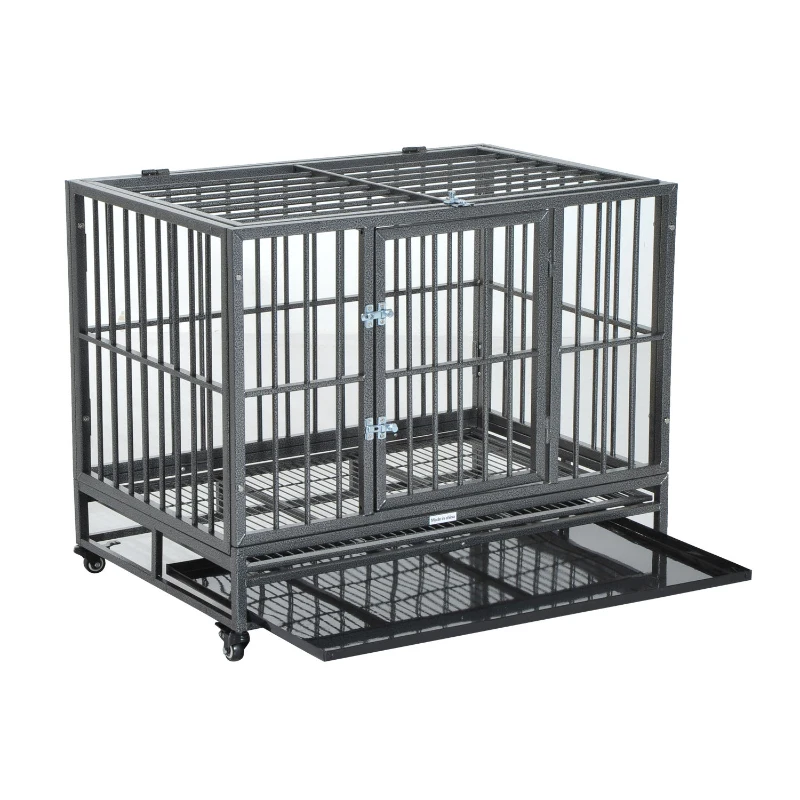 PawHut 36" Heavy Duty Chew Resistant Steel Pet Dog Crate Kennel Cage with Wheels - Grey Vein