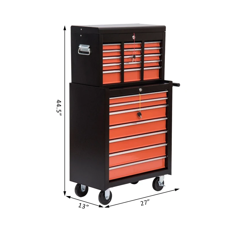 HomCom Rolling Garage Tool Chest Cabinet with 16 Drawers - Black and Orange