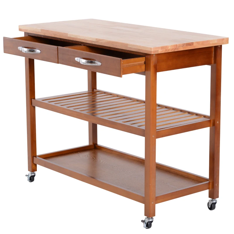 HomCom 44" 3-Tier Rubberwood Kitchen Island Cart on Wheels - Brown