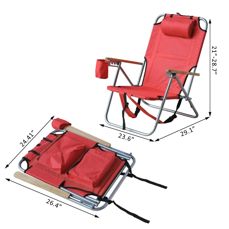 Outsunny Adjustable Backpack Beach / Camp Chair w/ Drink Holder & Storage Pockets - Red