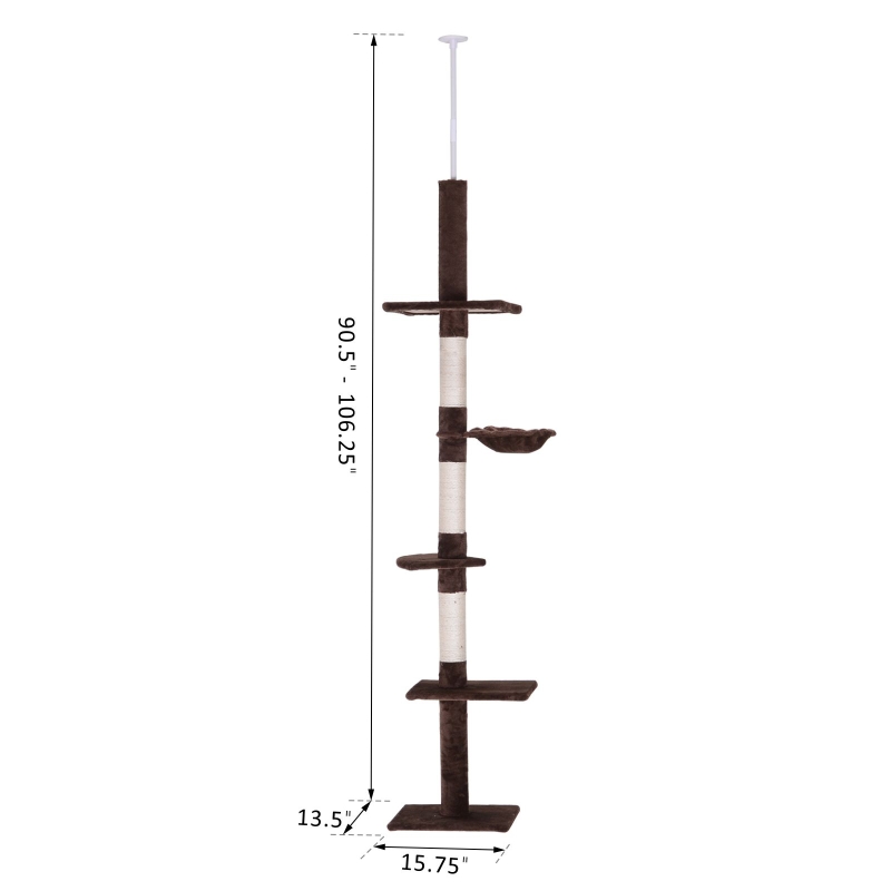 PawHut 106" Adjustable Height Floor-To-Ceiling Vertical Cat Tree - Brown and Cream