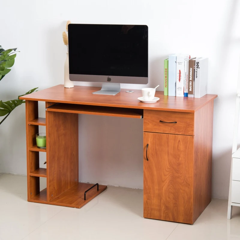 HomCom 47" Compact Wooden Modern Home Office Desk with Storage Shelves and Cabinet - Brown Golden Oak