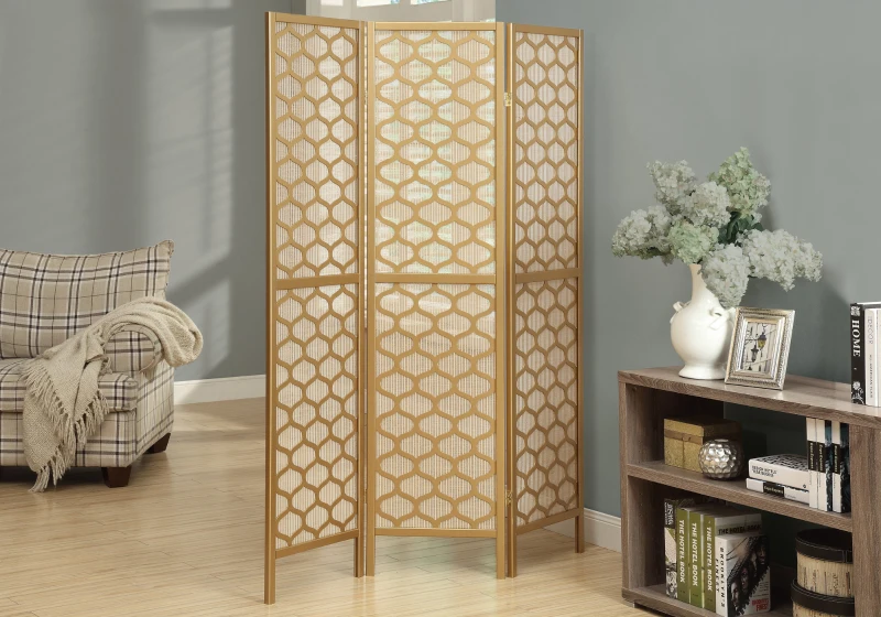Monarch 3-Panel Modern Lantern Design Folding Privacy Screen Room Divider - Gold Wood Frame