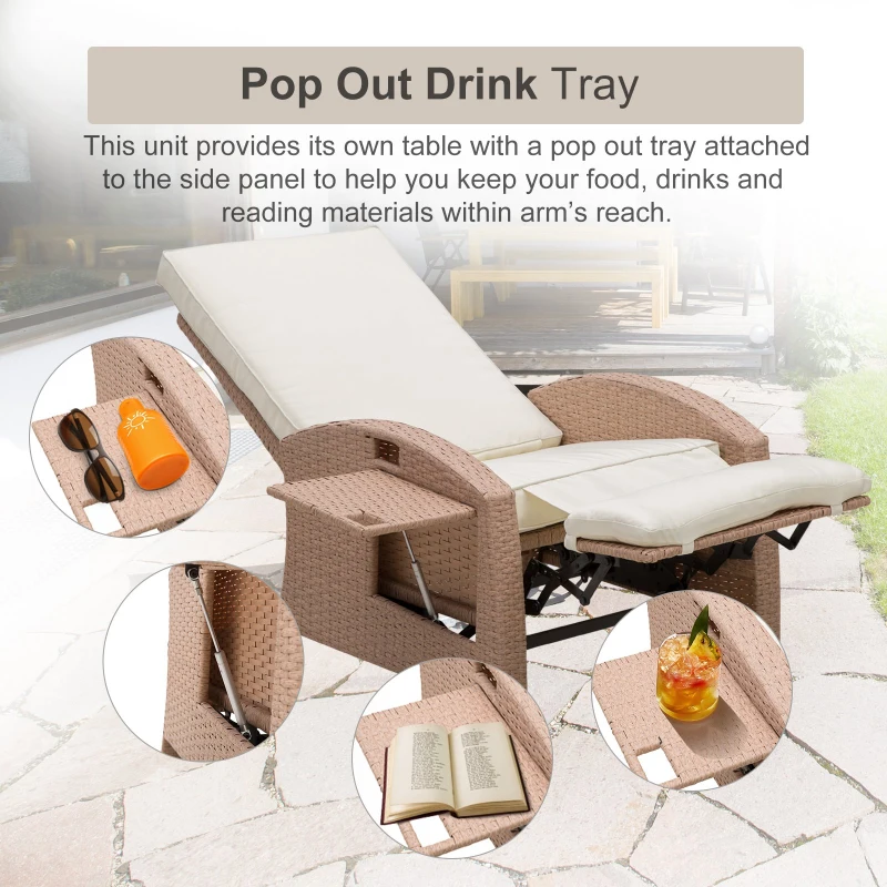 Outsunny Outdoor Rattan Wicker Adjustable Recliner Lounge Chair with Drink Tray & Stylish Contemporary Design - Beige