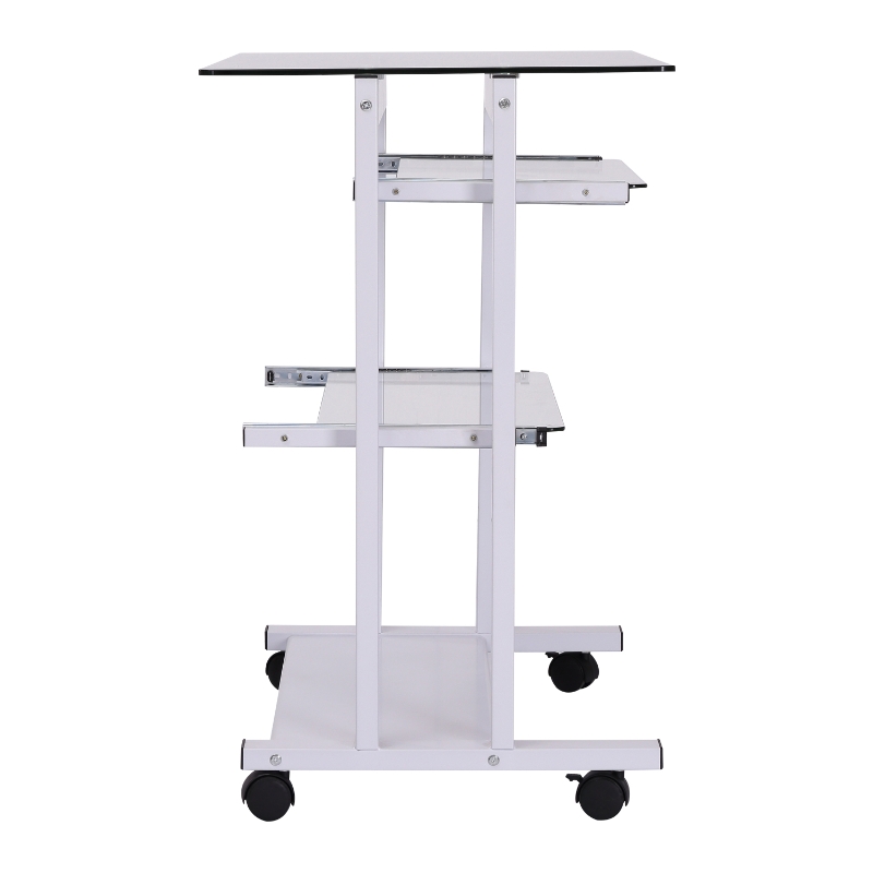 HomCom 33" Contemporary Glass Top Portable Workstation Desk Cart With Shelves - White