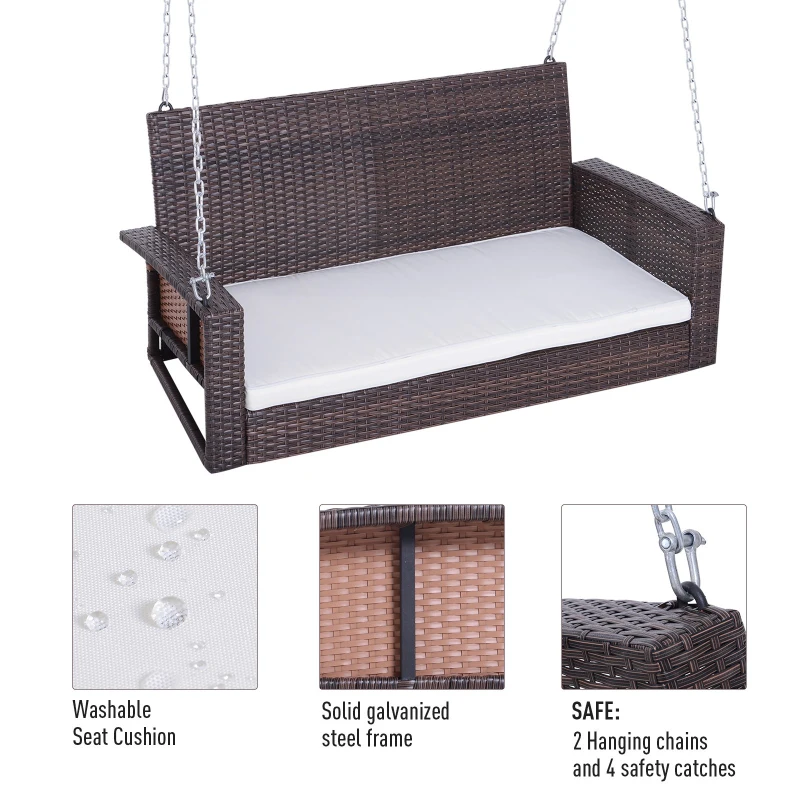 Outsunny 2-Person Outdoor Weather Resistant Garden Hanging Bench with Cushion - Dark Brown