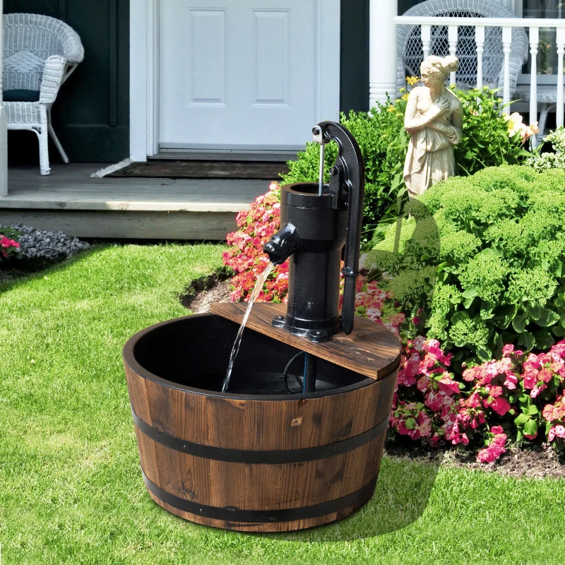 Outsunny 18" Old Fashion Wooden Water Barrel Fountain Outdoor Patio w/ Pump