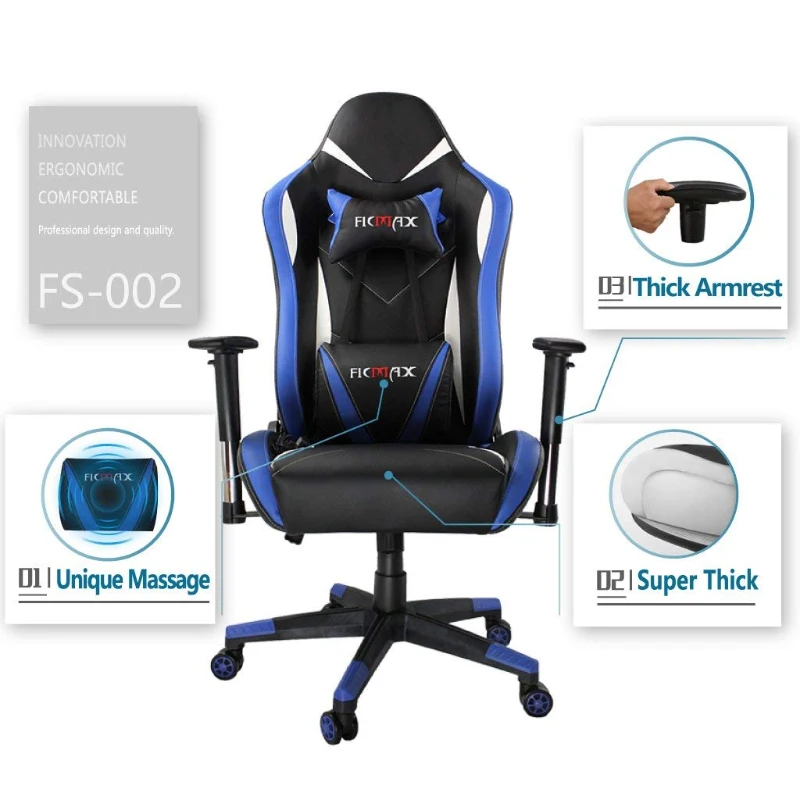 Ficmax Ergonomic  Racing Style Gaming Chair  High-Back Computer  PC Swivel  Seat with Massage Lumbar  Support and Headrest Pillow - Blue/Black