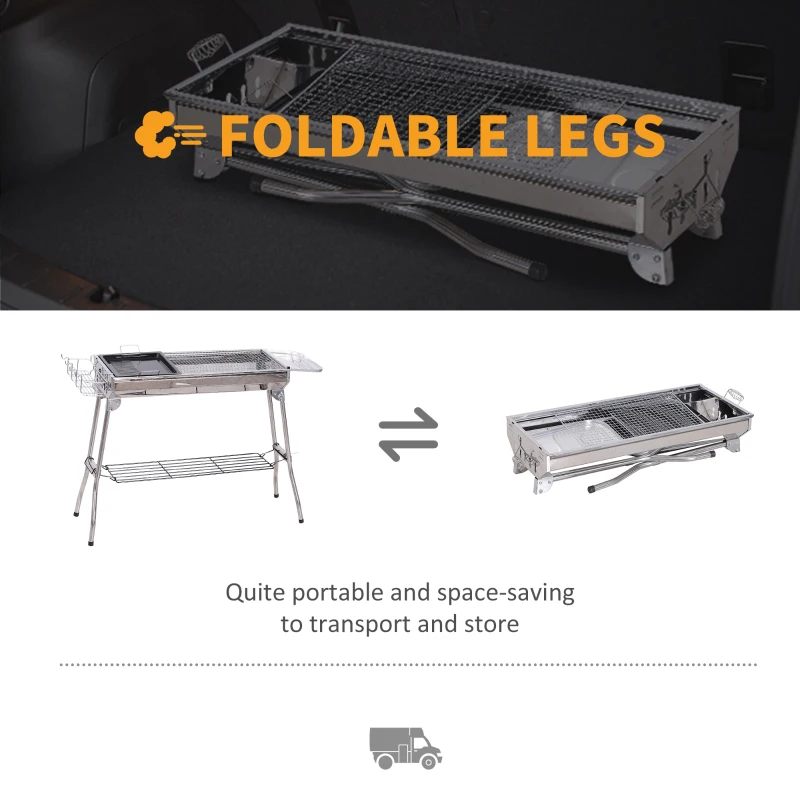 Outsunny Portable Folding Charcoal BBQ Grill Stainless Steel Camp Picnic Cooker - Silver